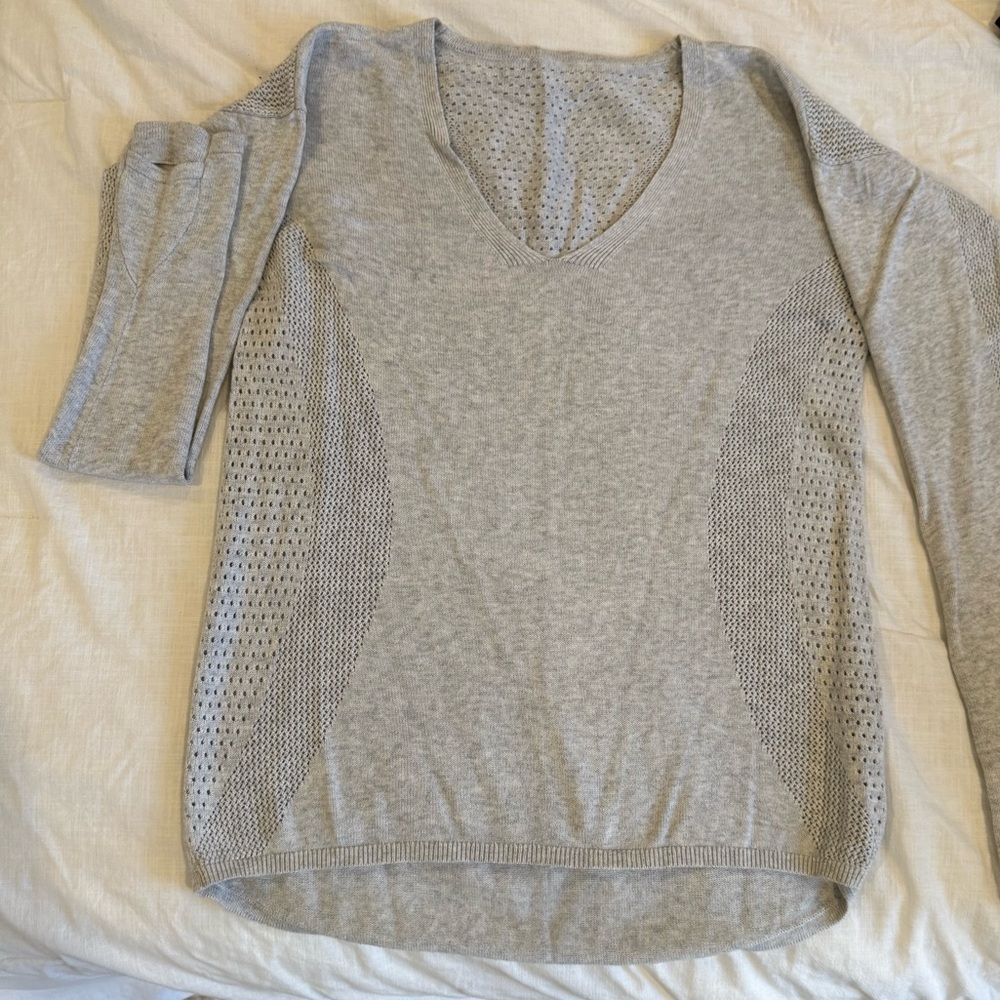 Gray V-Neck Sweater with Mesh Details